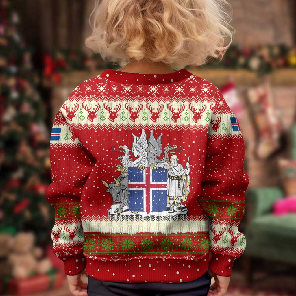 Iceland Christmas Kid Ugly Christmas Sweater with Red Snowflake Pattern Yule Cat and National Coat of Arms Motif - Wonder Print Shop