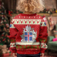 Iceland Christmas Kid Ugly Christmas Sweater with Red Snowflake Pattern Yule Cat and National Coat of Arms Motif - Wonder Print Shop