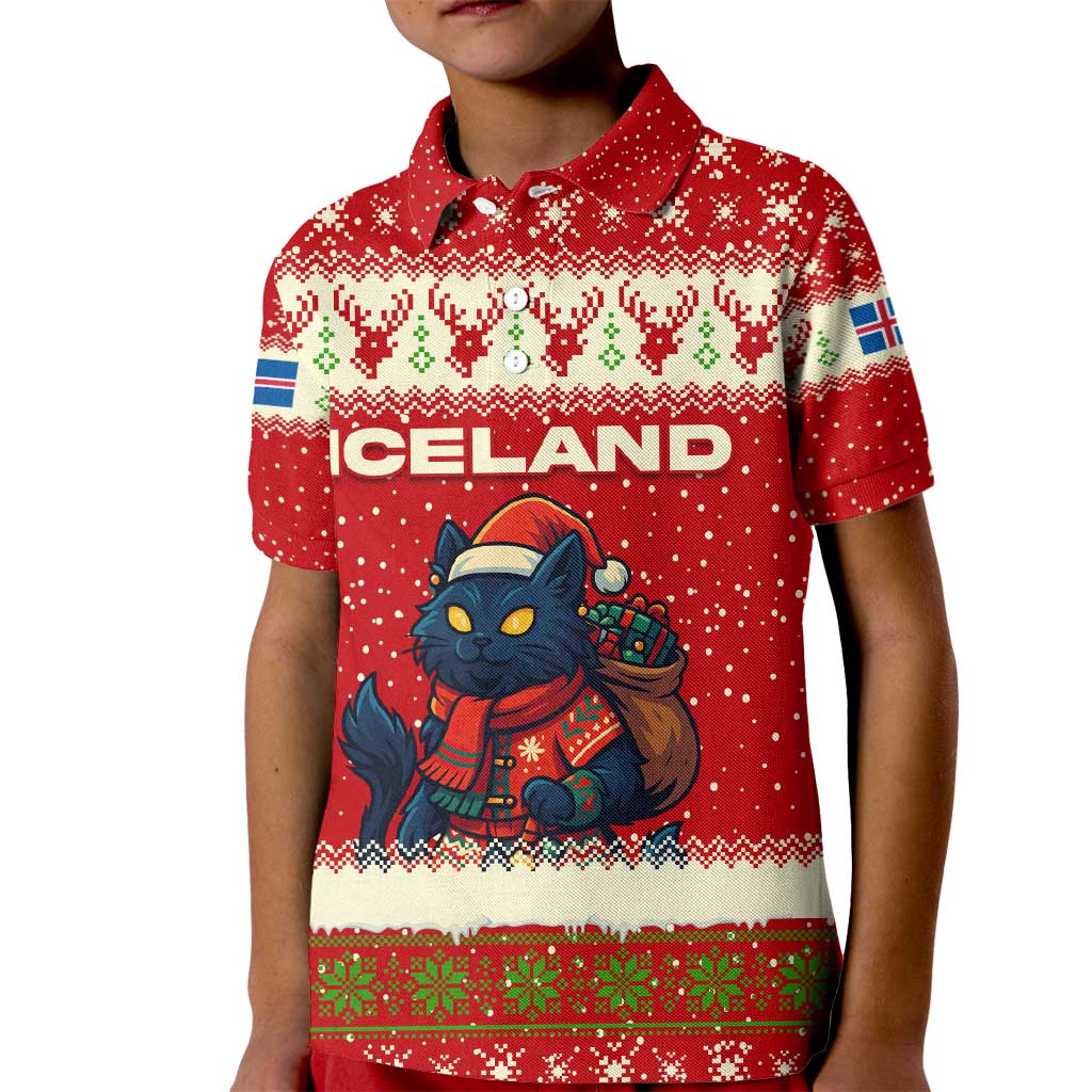 Iceland Christmas Kid Polo Shirt with Red Snowflake Pattern Yule Cat and National Coat of Arms Motif - Wonder Print Shop