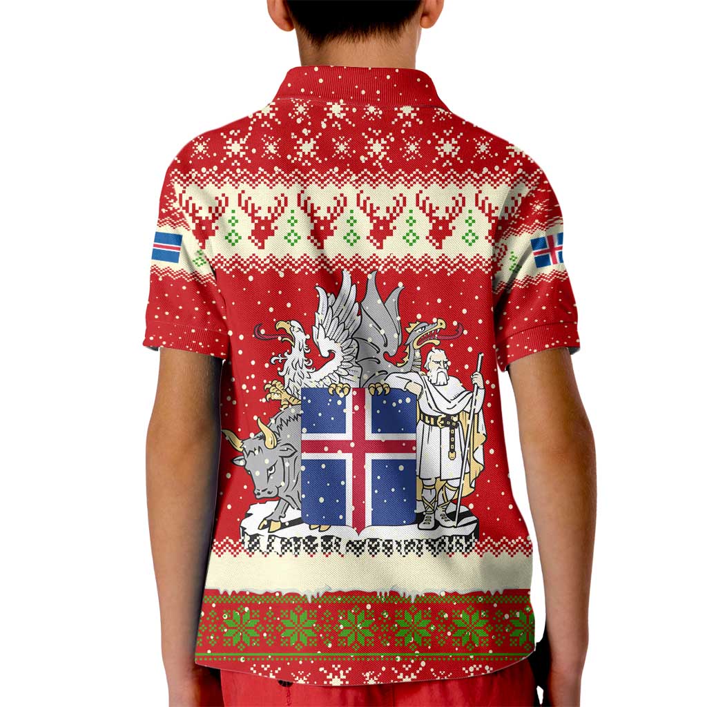 Iceland Christmas Kid Polo Shirt with Red Snowflake Pattern Yule Cat and National Coat of Arms Motif - Wonder Print Shop