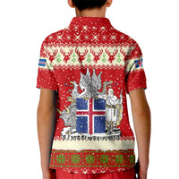 Iceland Christmas Kid Polo Shirt with Red Snowflake Pattern Yule Cat and National Coat of Arms Motif - Wonder Print Shop