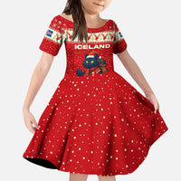 Iceland Christmas Kid Short Sleeve Dress with Red Snowflake Pattern Yule Cat and National Coat of Arms Motif - Wonder Print Shop