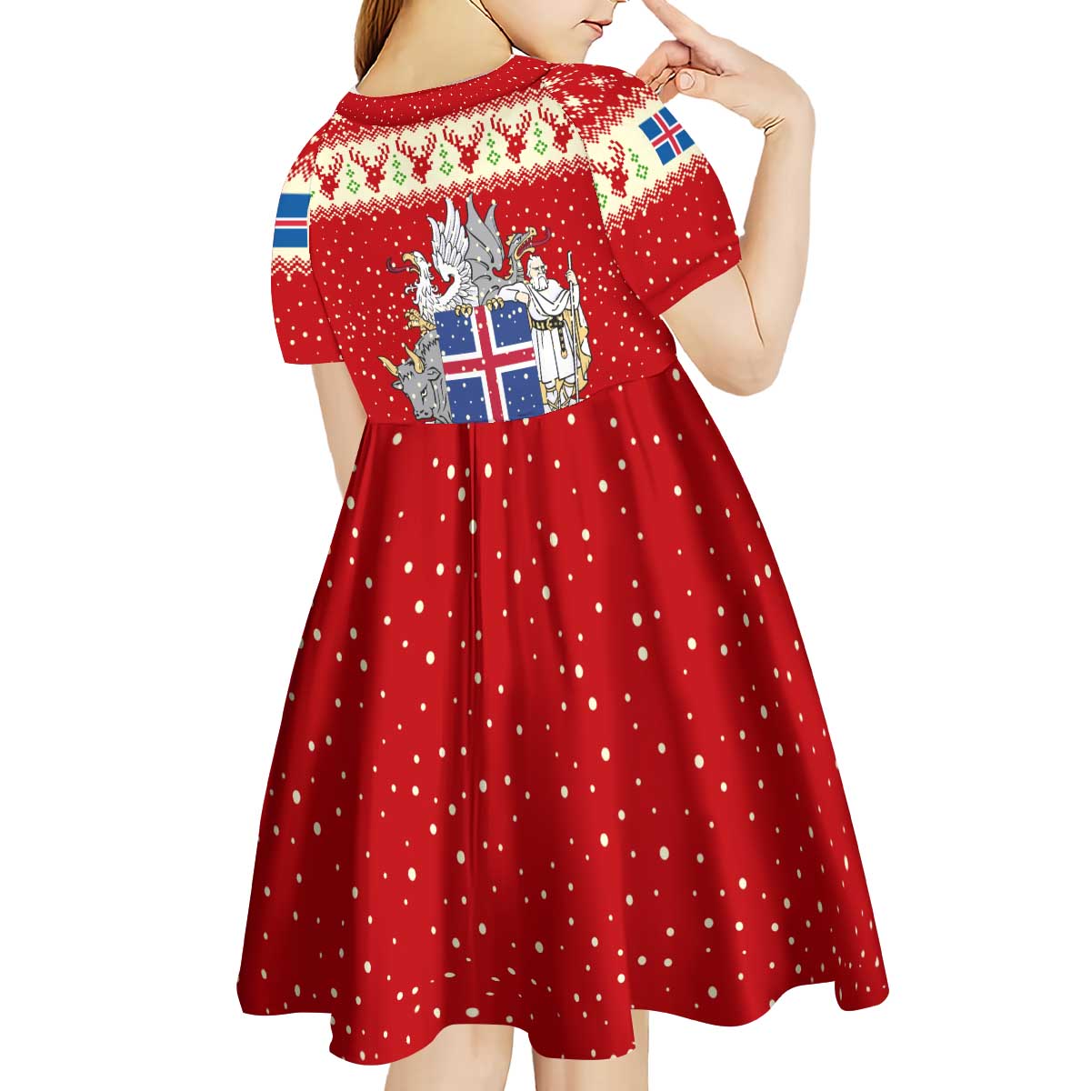 Iceland Christmas Kid Short Sleeve Dress with Red Snowflake Pattern Yule Cat and National Coat of Arms Motif - Wonder Print Shop