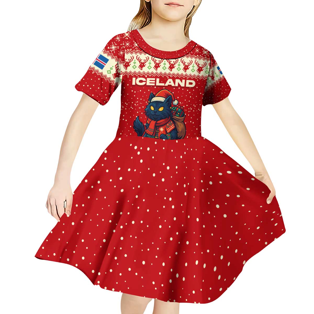 Iceland Christmas Kid Short Sleeve Dress with Red Snowflake Pattern Yule Cat and National Coat of Arms Motif - Wonder Print Shop