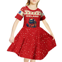 Iceland Christmas Kid Short Sleeve Dress with Red Snowflake Pattern Yule Cat and National Coat of Arms Motif - Wonder Print Shop