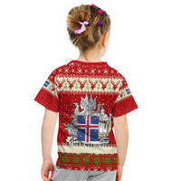 Iceland Christmas Kid T Shirt with Red Snowflake Pattern Yule Cat and National Coat of Arms Motif - Wonder Print Shop