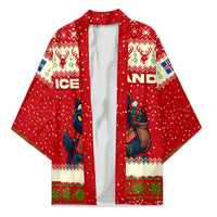 Iceland Christmas Kimono with Red Snowflake Pattern Yule Cat and National Coat of Arms Motif - Wonder Print Shop