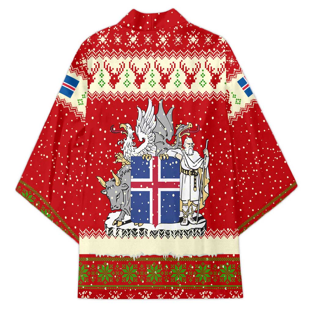 Iceland Christmas Kimono with Red Snowflake Pattern Yule Cat and National Coat of Arms Motif - Wonder Print Shop