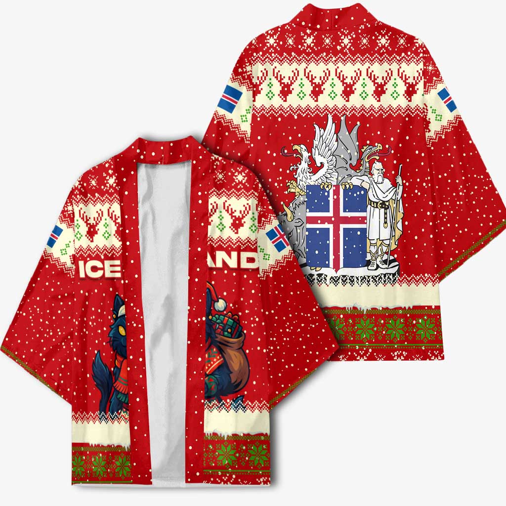 Iceland Christmas Kimono with Red Snowflake Pattern Yule Cat and National Coat of Arms Motif - Wonder Print Shop