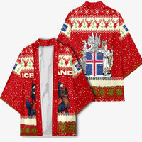 Iceland Christmas Kimono with Red Snowflake Pattern Yule Cat and National Coat of Arms Motif - Wonder Print Shop