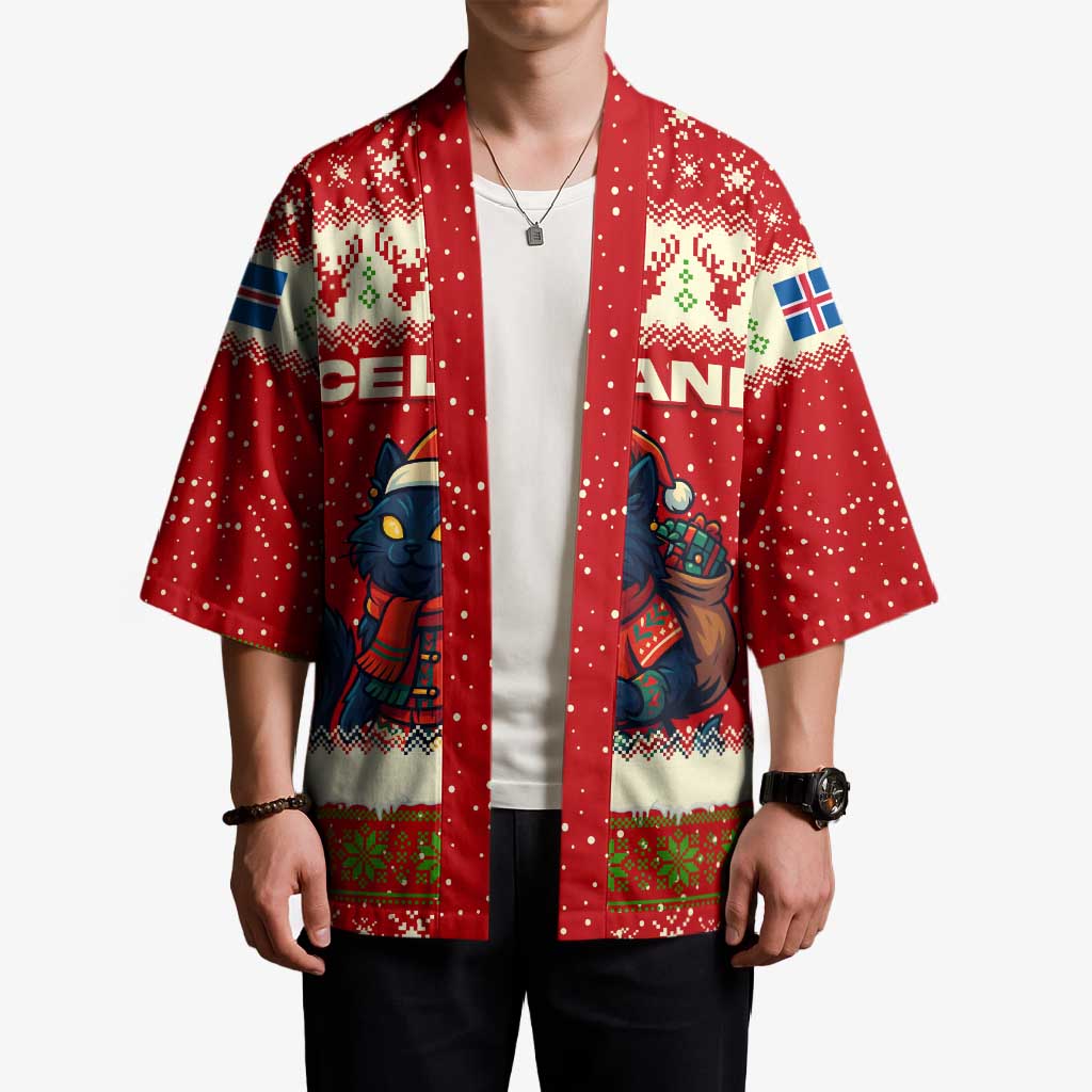 Iceland Christmas Kimono with Red Snowflake Pattern Yule Cat and National Coat of Arms Motif - Wonder Print Shop