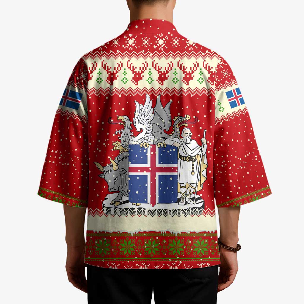 Iceland Christmas Kimono with Red Snowflake Pattern Yule Cat and National Coat of Arms Motif - Wonder Print Shop