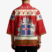 Iceland Christmas Kimono with Red Snowflake Pattern Yule Cat and National Coat of Arms Motif - Wonder Print Shop