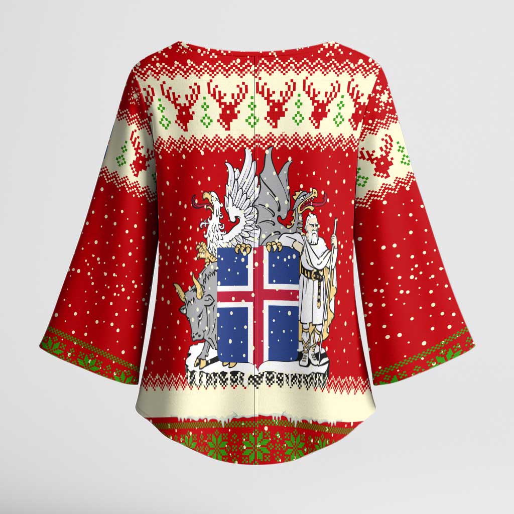 Iceland Christmas Kimono Sleeve Blouse with Red Snowflake Pattern Yule Cat and National Coat of Arms Motif - Wonder Print Shop