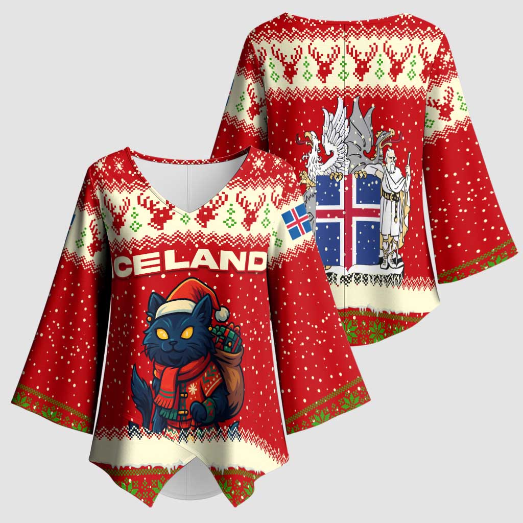 Iceland Christmas Kimono Sleeve Blouse with Red Snowflake Pattern Yule Cat and National Coat of Arms Motif - Wonder Print Shop