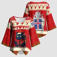Iceland Christmas Kimono Sleeve Blouse with Red Snowflake Pattern Yule Cat and National Coat of Arms Motif - Wonder Print Shop