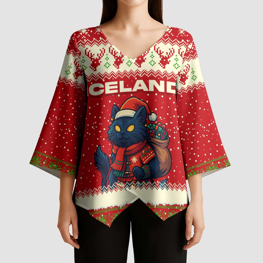 Iceland Christmas Kimono Sleeve Blouse with Red Snowflake Pattern Yule Cat and National Coat of Arms Motif - Wonder Print Shop