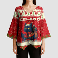 Iceland Christmas Kimono Sleeve Blouse with Red Snowflake Pattern Yule Cat and National Coat of Arms Motif - Wonder Print Shop