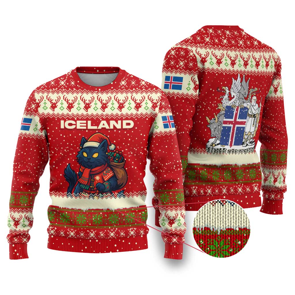 Iceland Christmas Ugly Christmas Sweater with Red Snowflake Pattern Yule Cat and National Coat of Arms Motif - Wonder Print Shop