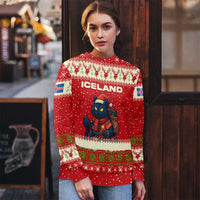 Iceland Christmas Ugly Christmas Sweater with Red Snowflake Pattern Yule Cat and National Coat of Arms Motif - Wonder Print Shop