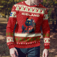 Iceland Christmas Ugly Christmas Sweater with Red Snowflake Pattern Yule Cat and National Coat of Arms Motif - Wonder Print Shop