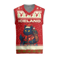 Iceland Christmas Knitted V-Neck Vest with Red Snowflake Pattern Yule Cat and National Coat of Arms Motif - Wonder Print Shop