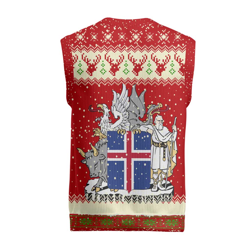 Iceland Christmas Knitted V-Neck Vest with Red Snowflake Pattern Yule Cat and National Coat of Arms Motif - Wonder Print Shop
