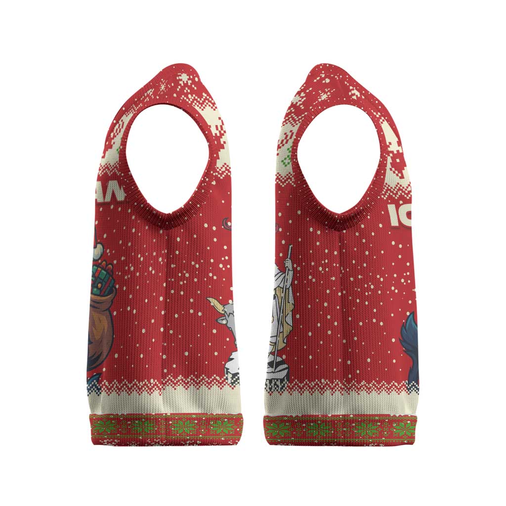 Iceland Christmas Knitted V-Neck Vest with Red Snowflake Pattern Yule Cat and National Coat of Arms Motif - Wonder Print Shop