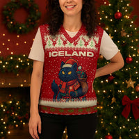 Iceland Christmas Knitted V-Neck Vest with Red Snowflake Pattern Yule Cat and National Coat of Arms Motif - Wonder Print Shop