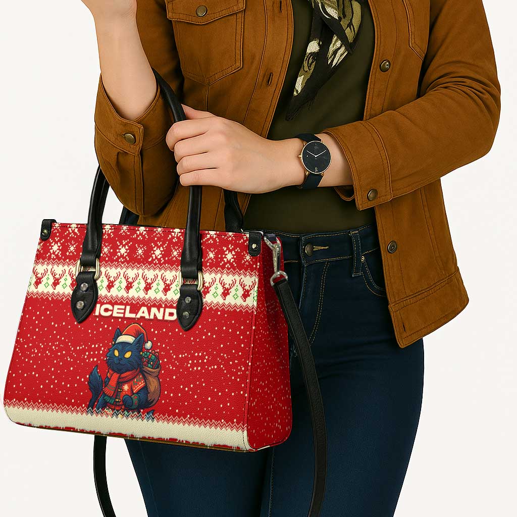 Iceland Christmas Leather Bag with Red Snowflake Pattern Yule Cat and National Coat of Arms Motif - Wonder Print Shop