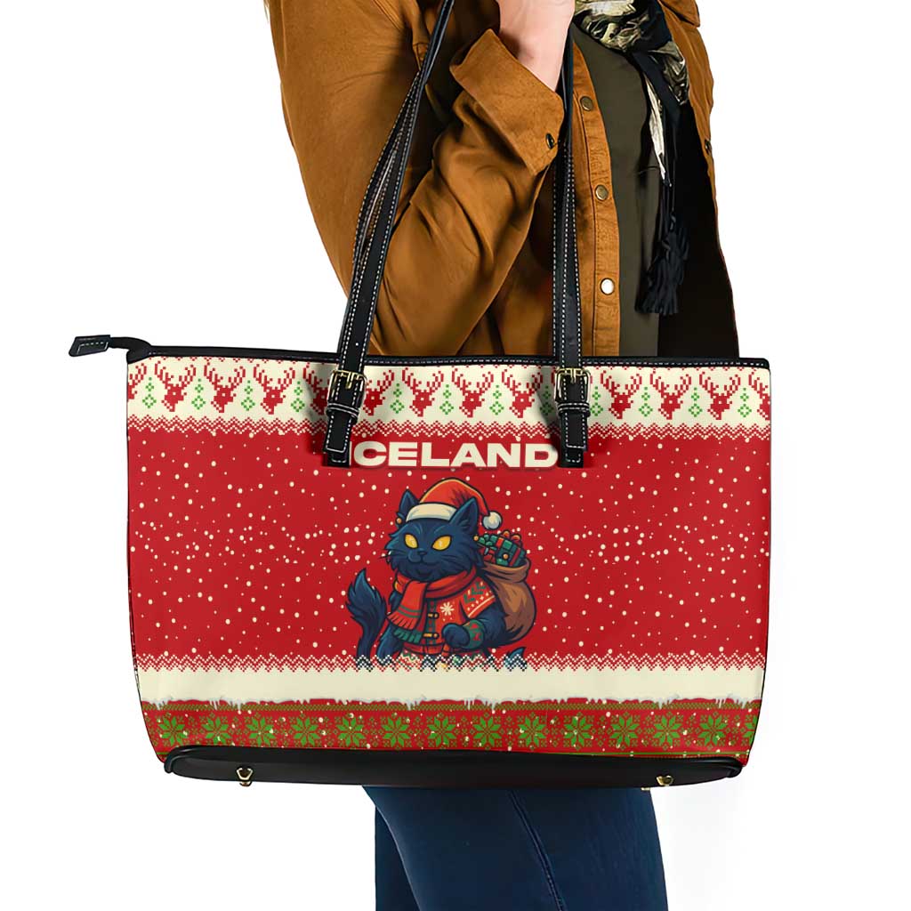 Iceland Christmas Leather Tote Bag with Red Snowflake Pattern Yule Cat and National Coat of Arms Motif - Wonder Print Shop