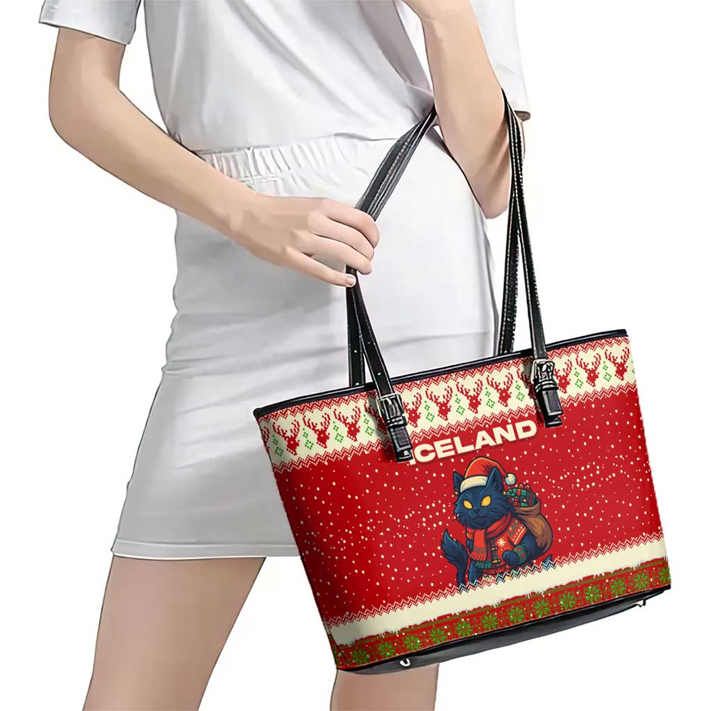 Iceland Christmas Leather Tote Bag with Red Snowflake Pattern Yule Cat and National Coat of Arms Motif - Wonder Print Shop