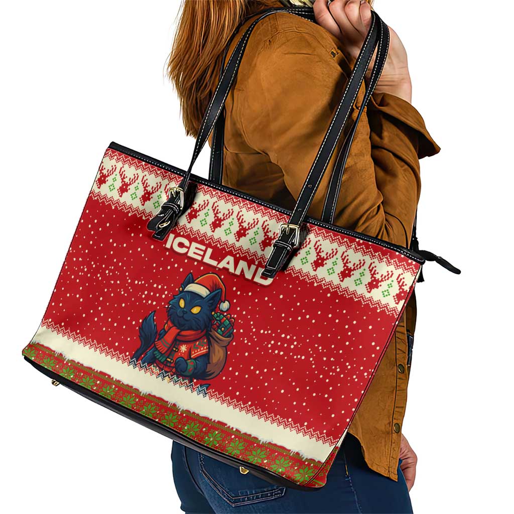 Iceland Christmas Leather Tote Bag with Red Snowflake Pattern Yule Cat and National Coat of Arms Motif - Wonder Print Shop