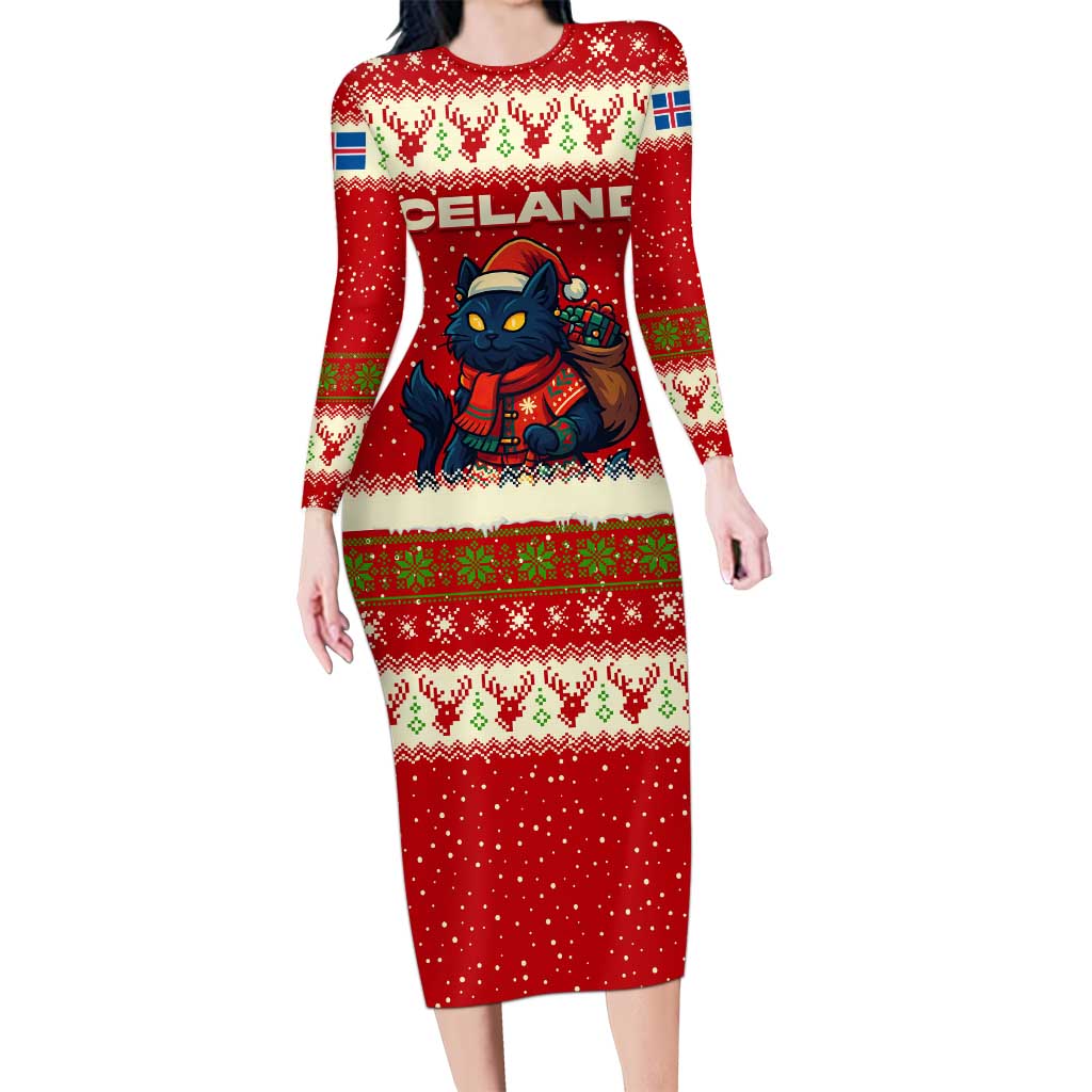 Iceland Christmas Long Sleeve Bodycon Dress with Red Snowflake Pattern Yule Cat and National Coat of Arms Motif - Wonder Print Shop
