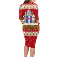 Iceland Christmas Long Sleeve Bodycon Dress with Red Snowflake Pattern Yule Cat and National Coat of Arms Motif - Wonder Print Shop