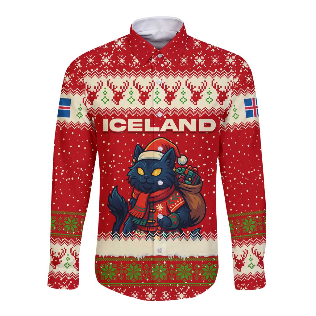 Iceland Christmas Long Sleeve Button Shirt with Red Snowflake Pattern Yule Cat and National Coat of Arms Motif - Wonder Print Shop
