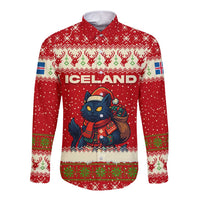 Iceland Christmas Long Sleeve Button Shirt with Red Snowflake Pattern Yule Cat and National Coat of Arms Motif - Wonder Print Shop