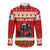 Iceland Christmas Long Sleeve Button Shirt with Red Snowflake Pattern Yule Cat and National Coat of Arms Motif - Wonder Print Shop