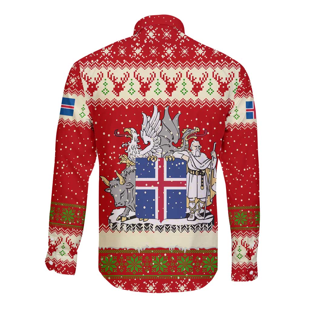 Iceland Christmas Long Sleeve Button Shirt with Red Snowflake Pattern Yule Cat and National Coat of Arms Motif - Wonder Print Shop