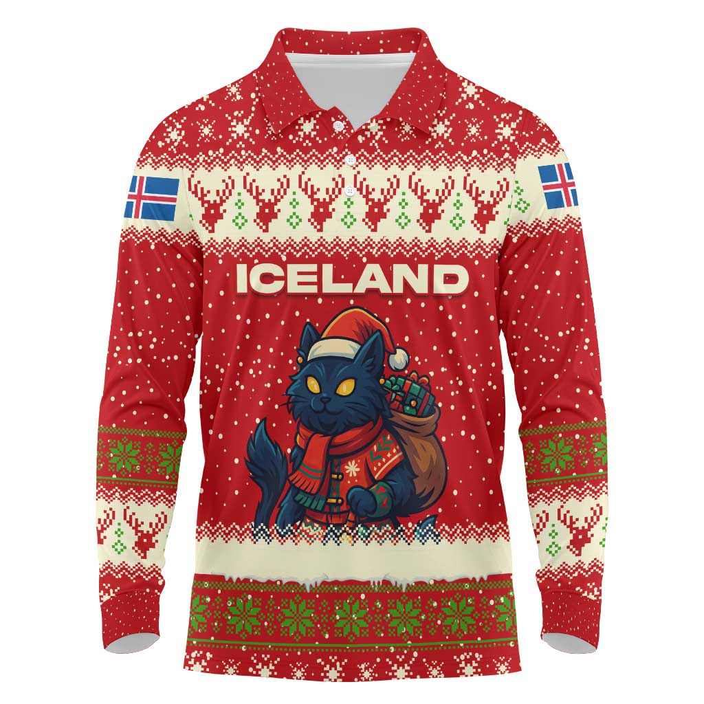 Iceland Christmas Long Sleeve Polo Shirt with Red Snowflake Pattern Yule Cat and National Coat of Arms Motif - Wonder Print Shop