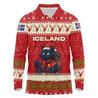 Iceland Christmas Long Sleeve Polo Shirt with Red Snowflake Pattern Yule Cat and National Coat of Arms Motif - Wonder Print Shop