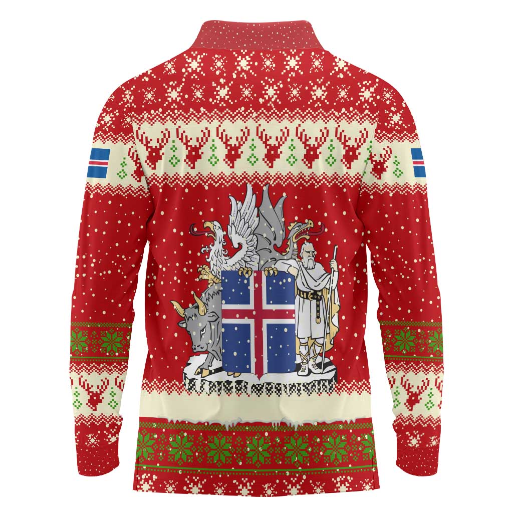 Iceland Christmas Long Sleeve Polo Shirt with Red Snowflake Pattern Yule Cat and National Coat of Arms Motif - Wonder Print Shop