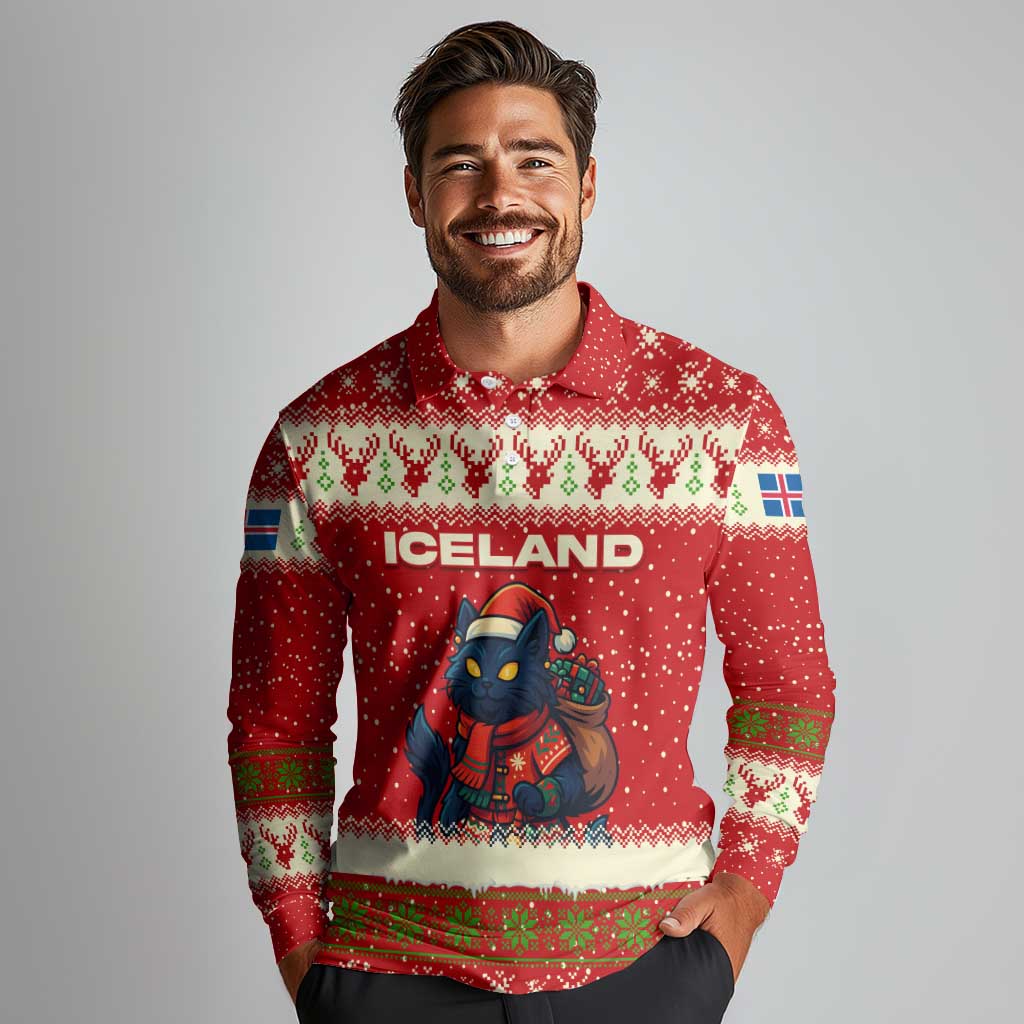 Iceland Christmas Long Sleeve Polo Shirt with Red Snowflake Pattern Yule Cat and National Coat of Arms Motif - Wonder Print Shop