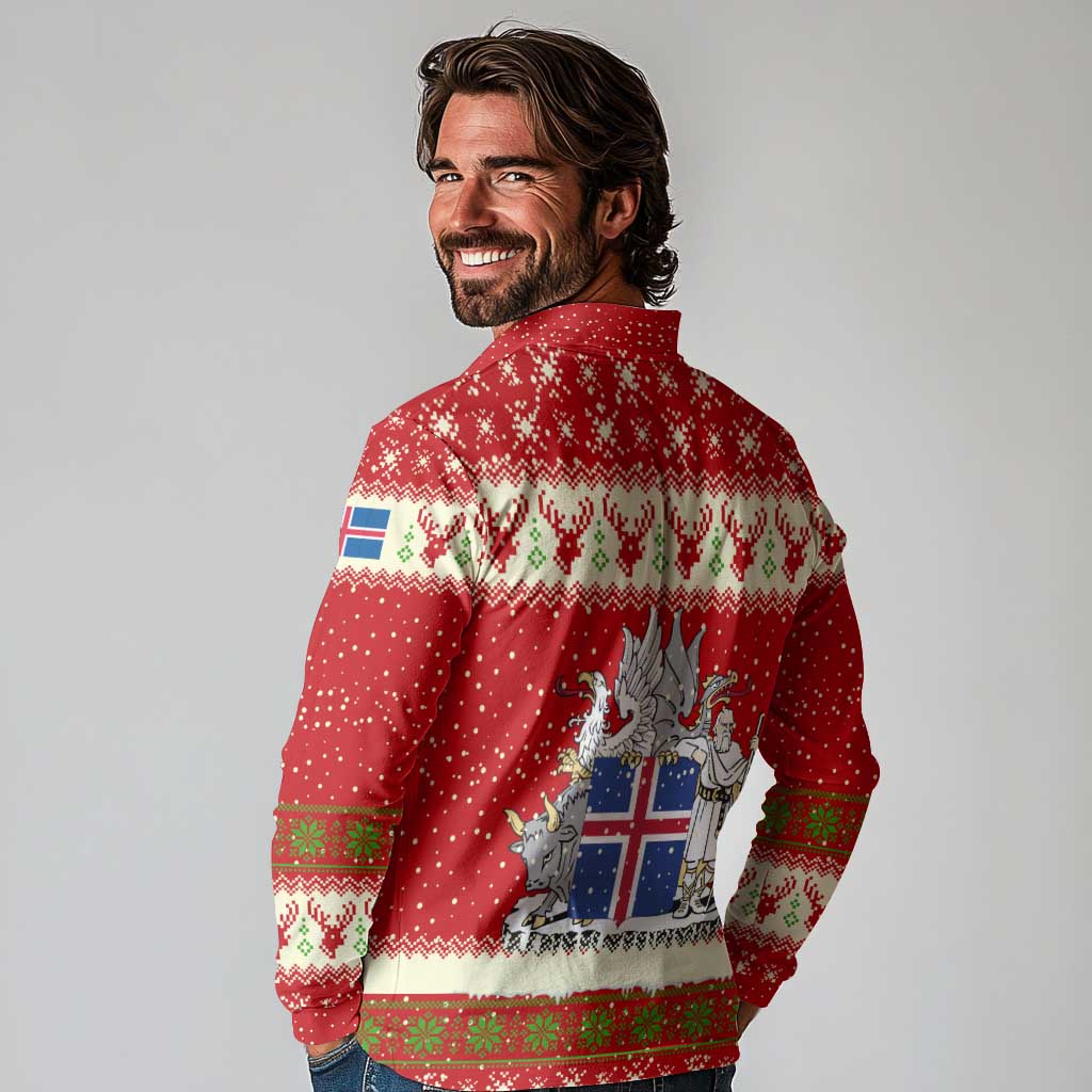 Iceland Christmas Long Sleeve Polo Shirt with Red Snowflake Pattern Yule Cat and National Coat of Arms Motif - Wonder Print Shop
