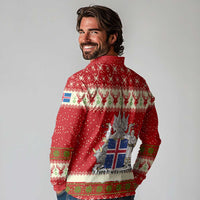 Iceland Christmas Long Sleeve Polo Shirt with Red Snowflake Pattern Yule Cat and National Coat of Arms Motif - Wonder Print Shop