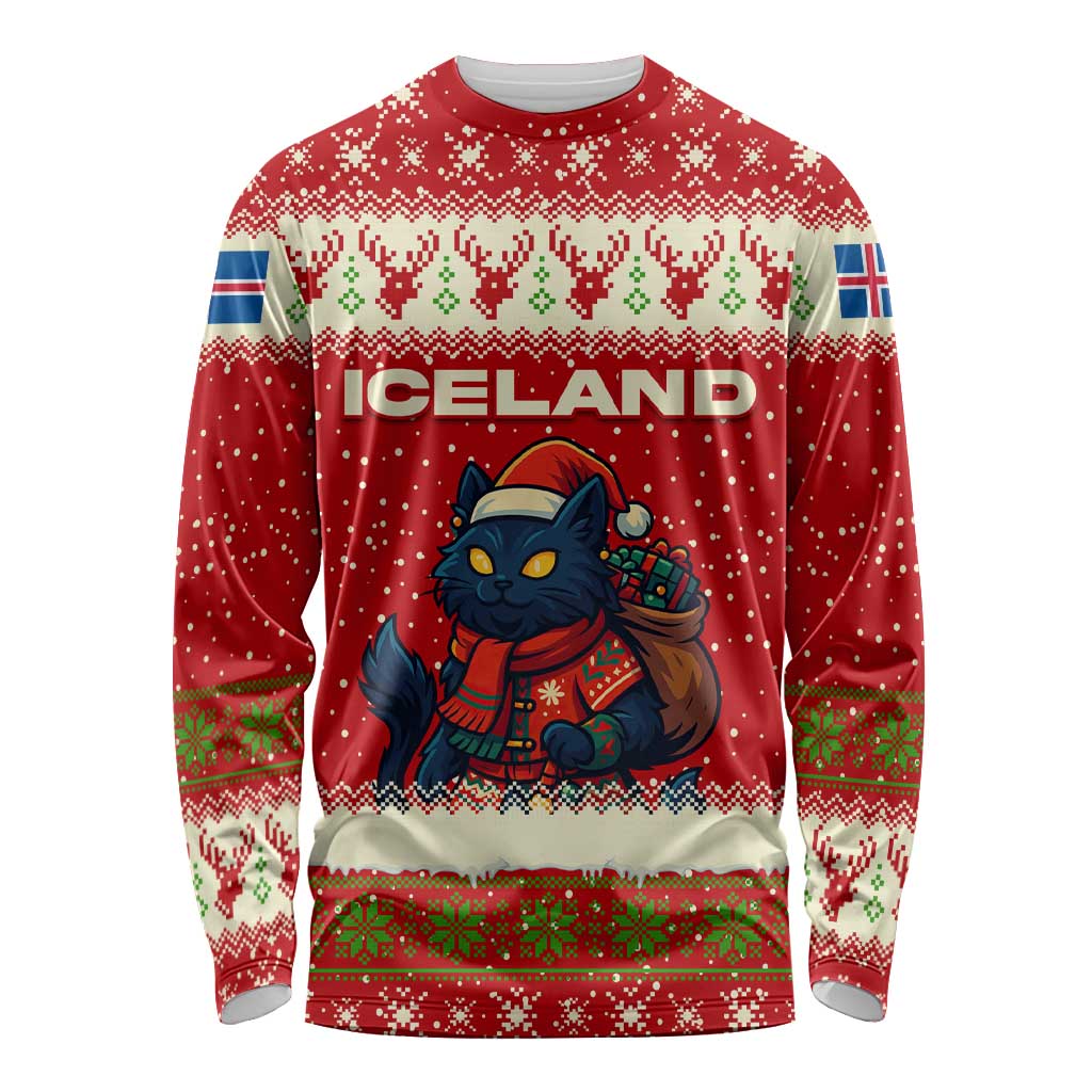 Iceland Christmas Long Sleeve Shirt with Red Snowflake Pattern Yule Cat and National Coat of Arms Motif - Wonder Print Shop