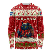 Iceland Christmas Long Sleeve Shirt with Red Snowflake Pattern Yule Cat and National Coat of Arms Motif - Wonder Print Shop