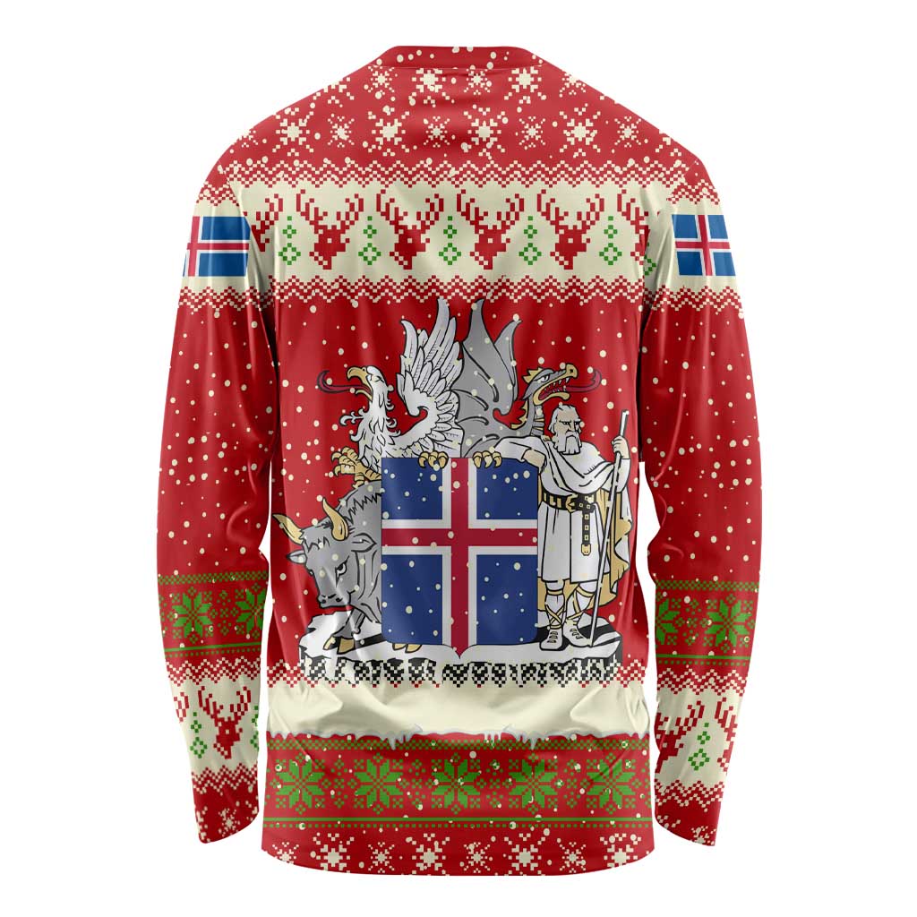 Iceland Christmas Long Sleeve Shirt with Red Snowflake Pattern Yule Cat and National Coat of Arms Motif - Wonder Print Shop