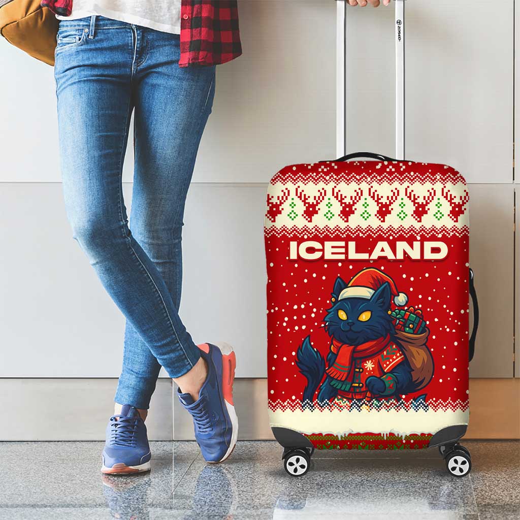 Iceland Christmas Luggage Cover with Red Snowflake Pattern Yule Cat and National Coat of Arms Motif - Wonder Print Shop