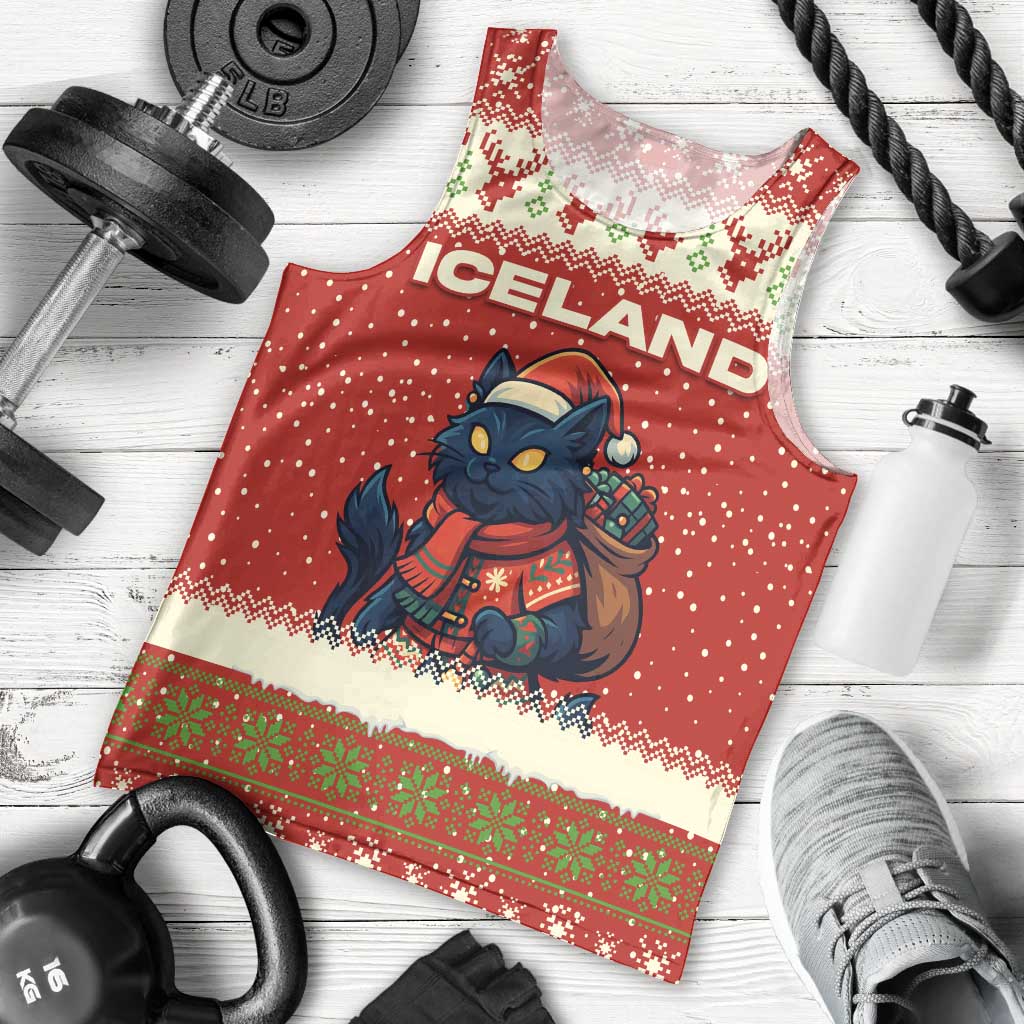 Iceland Christmas Men Tank Top with Red Snowflake Pattern Yule Cat and National Coat of Arms Motif - Wonder Print Shop